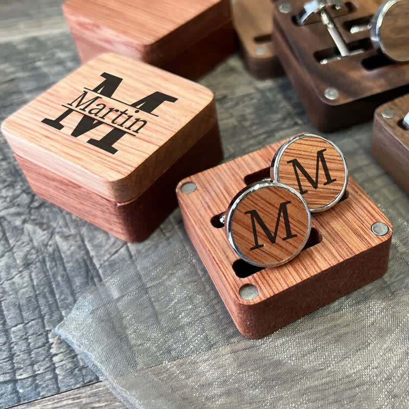 1 Pair Classic Custom Name Wooden Cufflinks with Box - Image 3