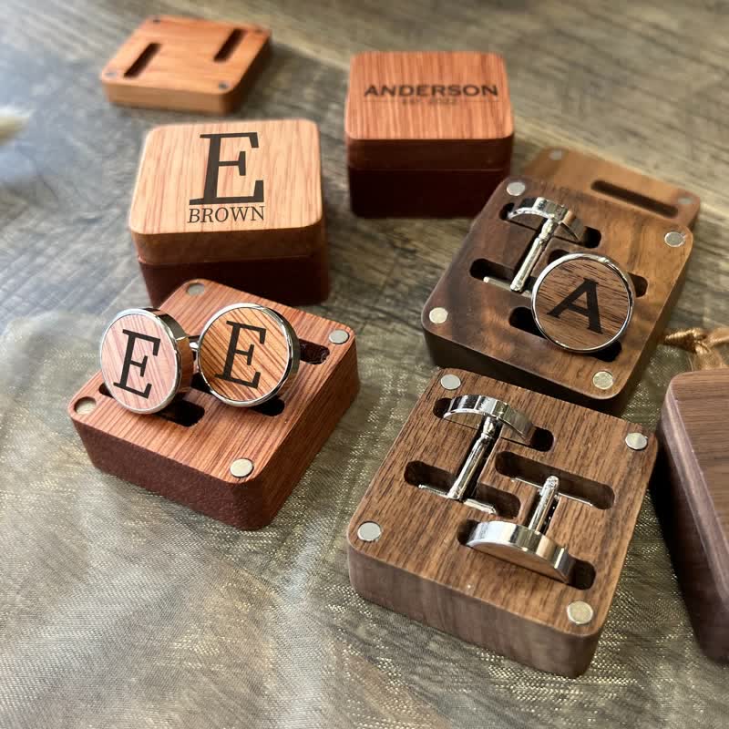 1 Pair Classic Custom Name Wooden Cufflinks with Box - Image 6