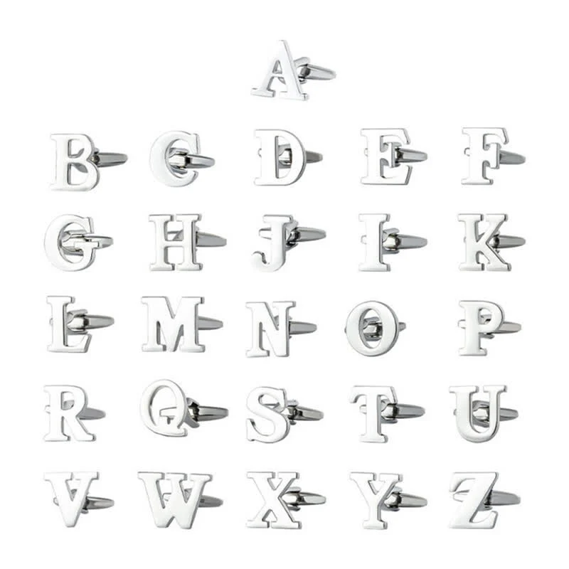1 Pair Men's Silver Plated Initial Letter 26 Alphabet Cufflinks - Image 2