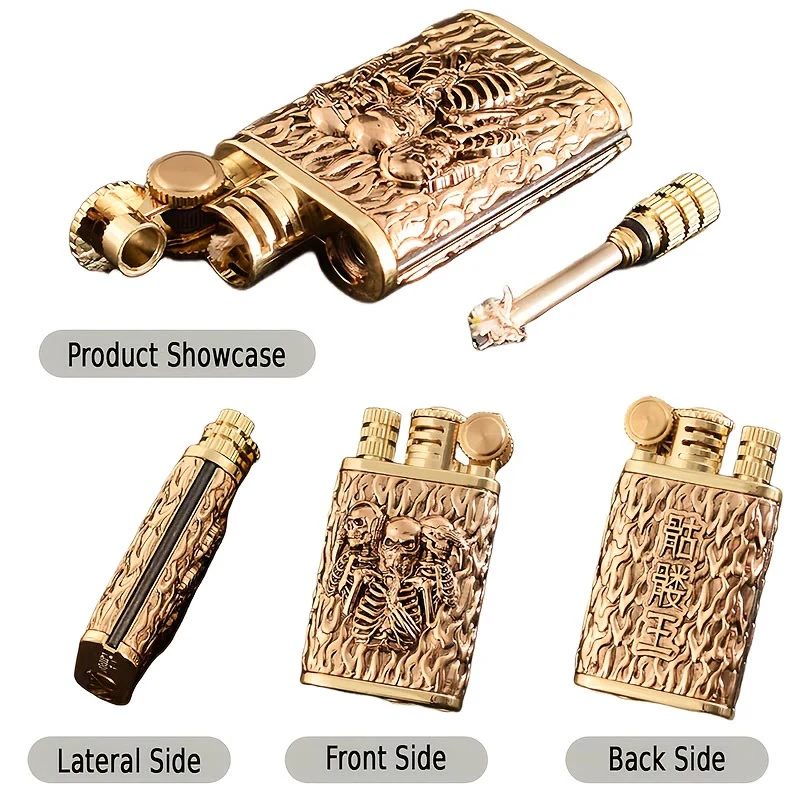 2-In-1 Permanent Match Flint Wheel Embossing Skull Kerosene Lighter - Image 3