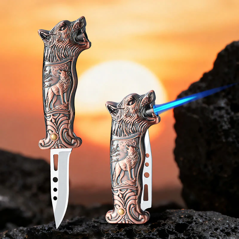 2-in-1 Wolf Head Folding Knife Butane Lighter - Image 2