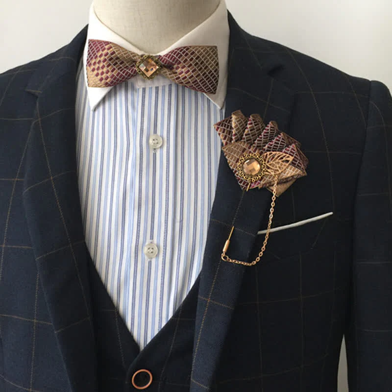 2Pcs Burgundy & Champagne Checked Pattern Pin Bow Tie Set