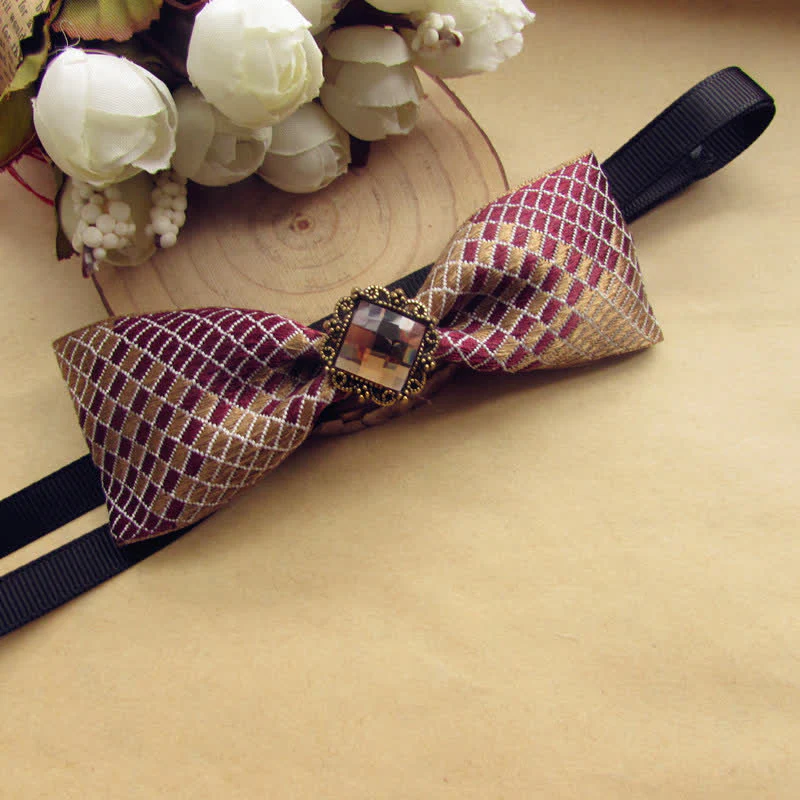 2Pcs Burgundy & Champagne Checked Pattern Pin Bow Tie Set - Image 3