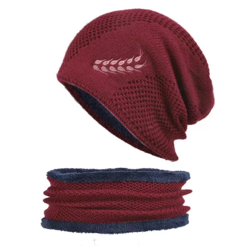 2Pcs Embroidered Wheat Beanie Hat Neck Warmer Set - Image 9