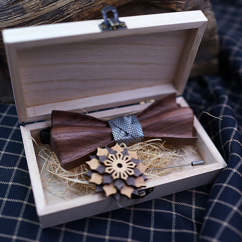 2Pcs Men's 3D Design Black Walnut Wooden Bow Tie Set - Image 2