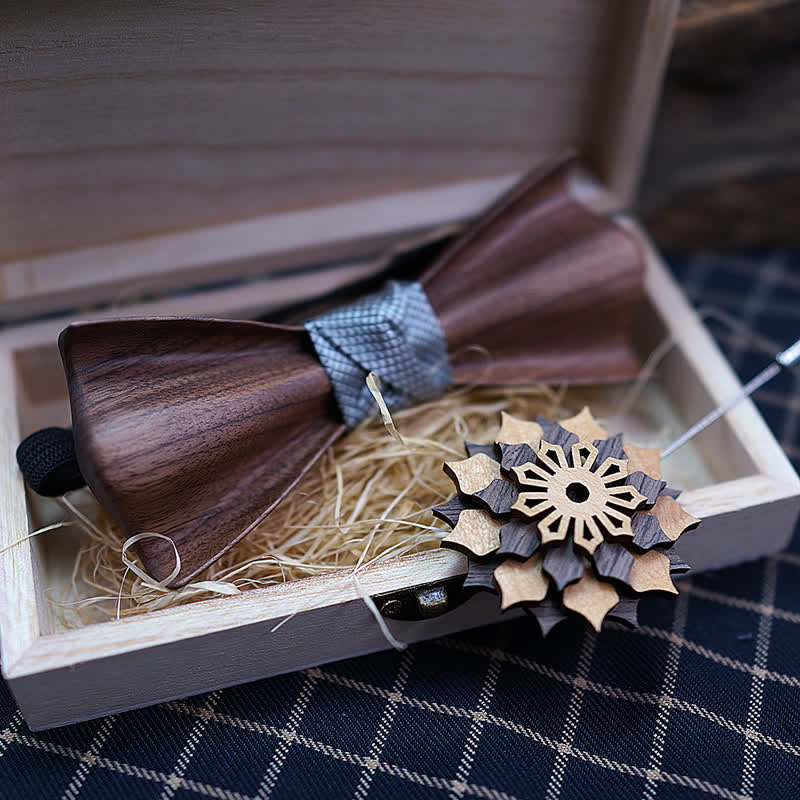 2Pcs Men's 3D Design Black Walnut Wooden Bow Tie Set - Image 3