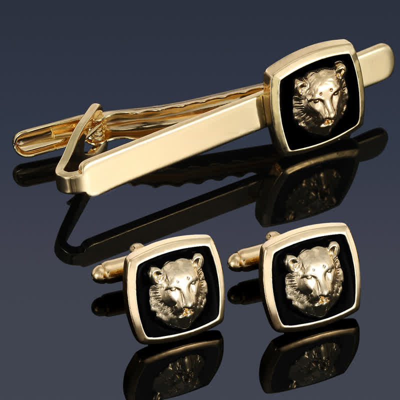 2Pcs Men's Black & Gold Tiger Shape Tie Clip Cufflinks Set - Image 2