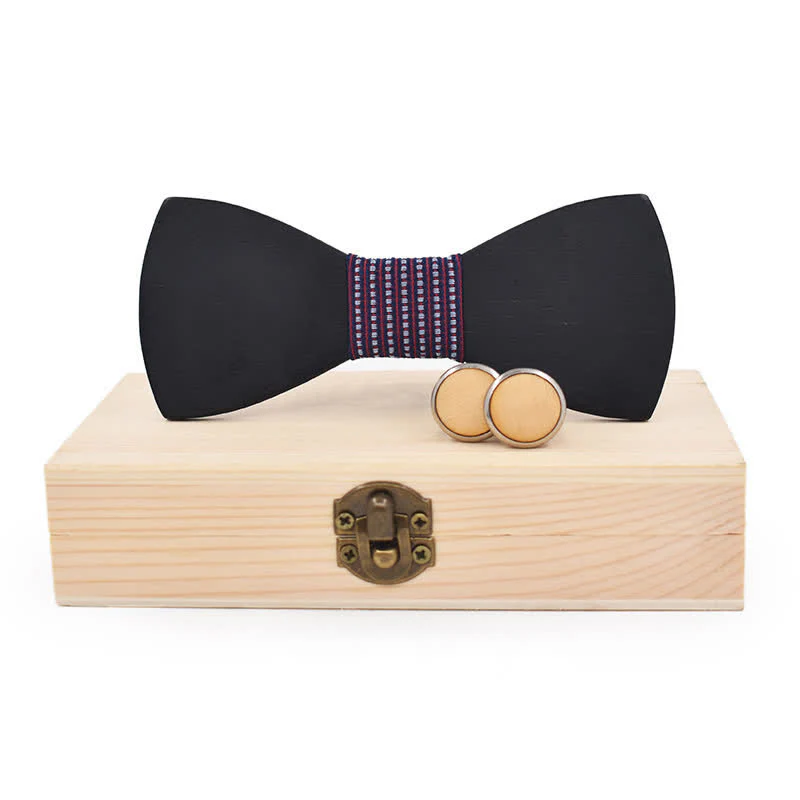 2Pcs Men's Black Wooden Bow Tie Cufflinks Set - Image 13