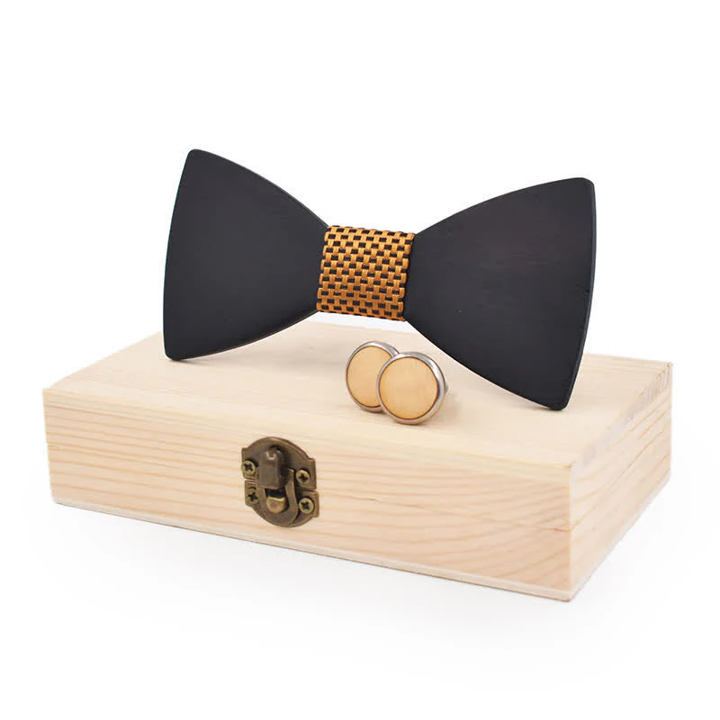2Pcs Men's Black Wooden Bow Tie Cufflinks Set - Image 5