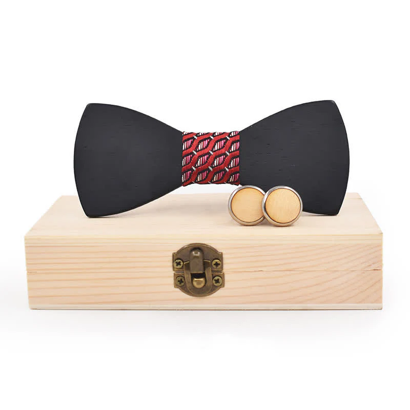 2Pcs Men's Black Wooden Bow Tie Cufflinks Set - Image 6