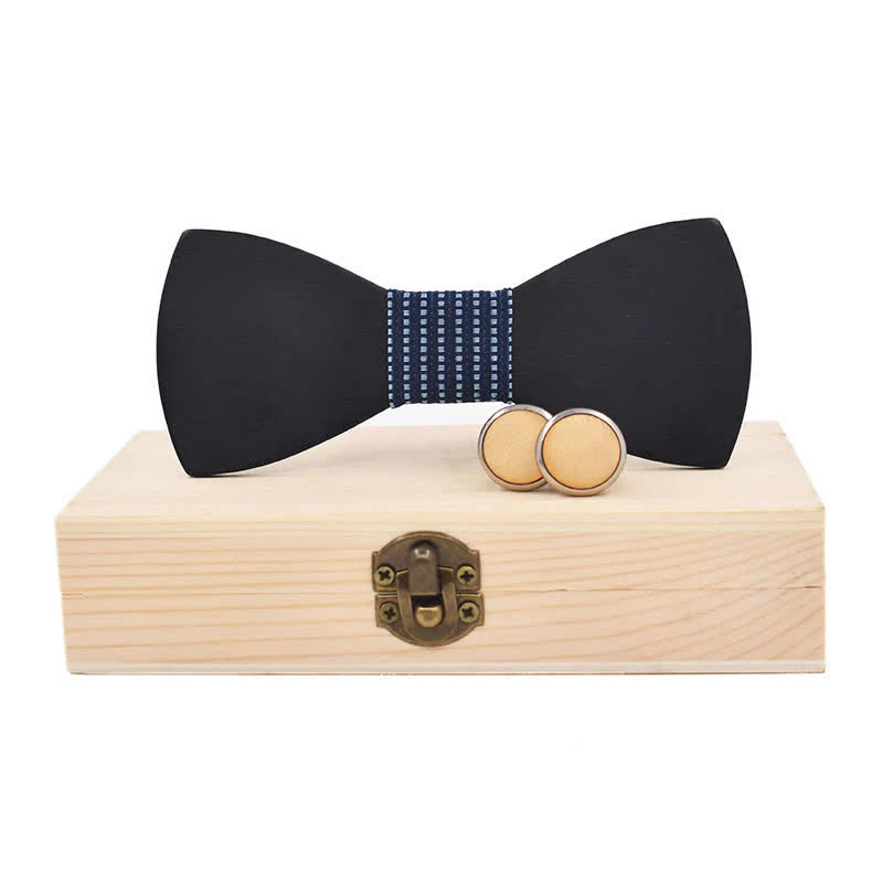 2Pcs Men's Black Wooden Bow Tie Cufflinks Set - Image 8