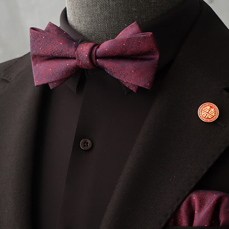 2Pcs Men's Burgundy Floral Bow Tie Handkerchief Set - Image 13