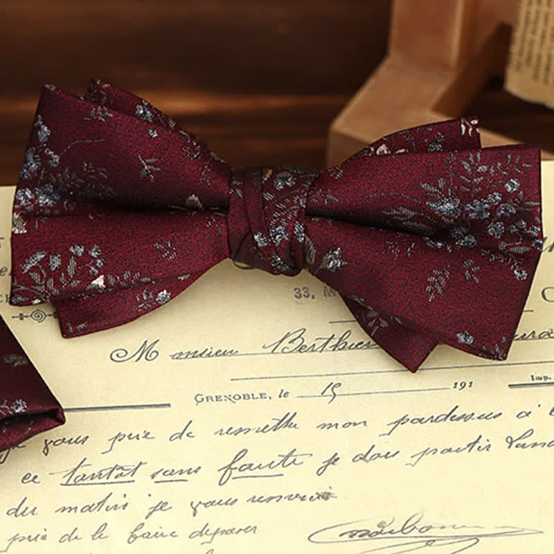 2Pcs Men's Burgundy Floral Bow Tie Handkerchief Set - Image 2