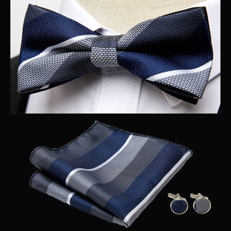 3Pcs Men's Classic Striped Bow Tie Pocket Square Set - Image 2