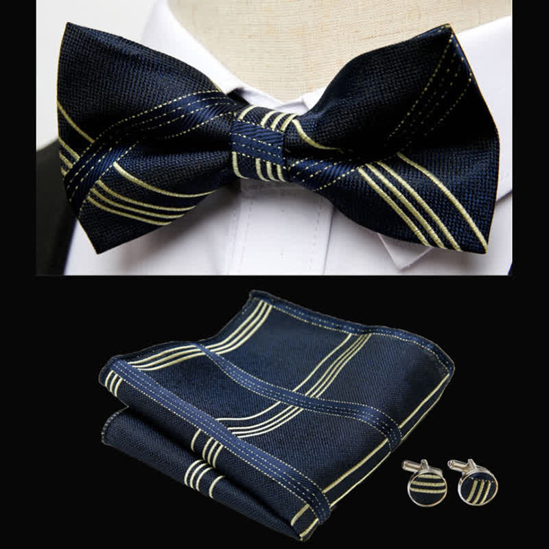 3Pcs Men's Classic Striped Bow Tie Pocket Square Set - Image 3