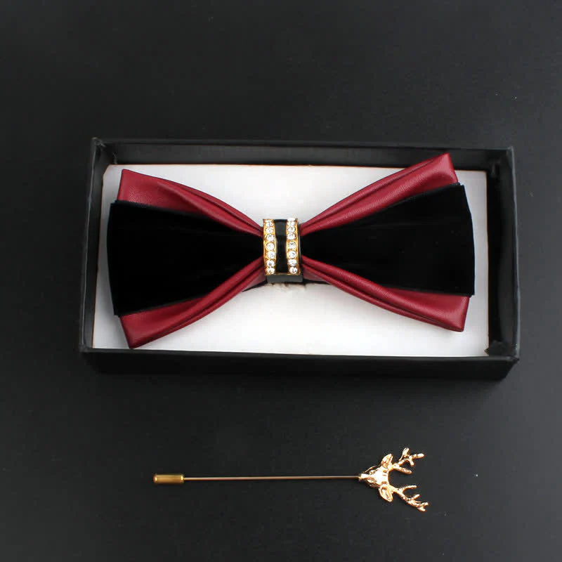 2Pcs Men's Crystal Decoration PU Leather Deer Pin Bow Tie Set - Image 8