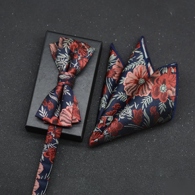 2Pcs Men's Elegant Floral Bow Tie Handkerchief Set - Image 3