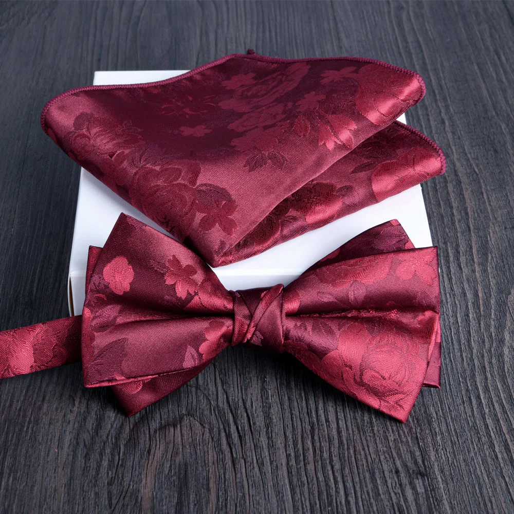 2pcs Men's Floral Pattern Lustrous Fabric Bowtie Pocket Square Set