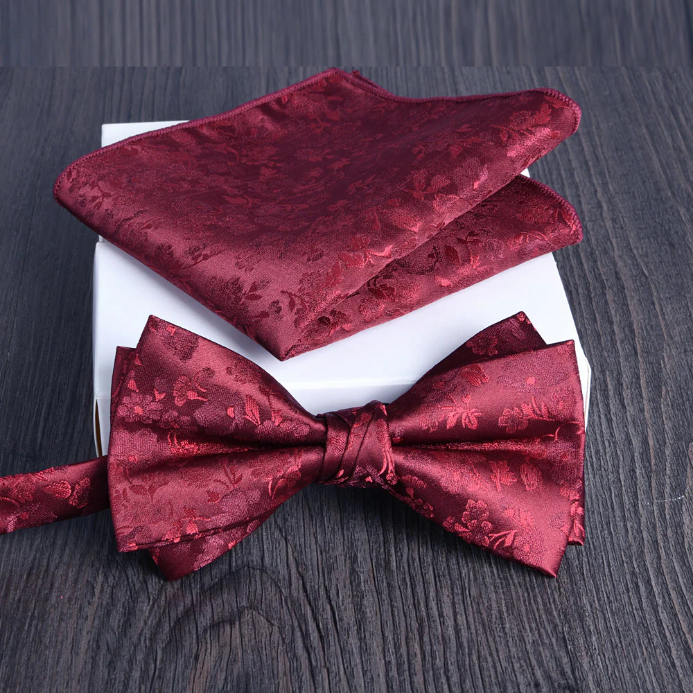 2pcs Men's Floral Pattern Lustrous Fabric Bowtie Pocket Square Set - Image 10