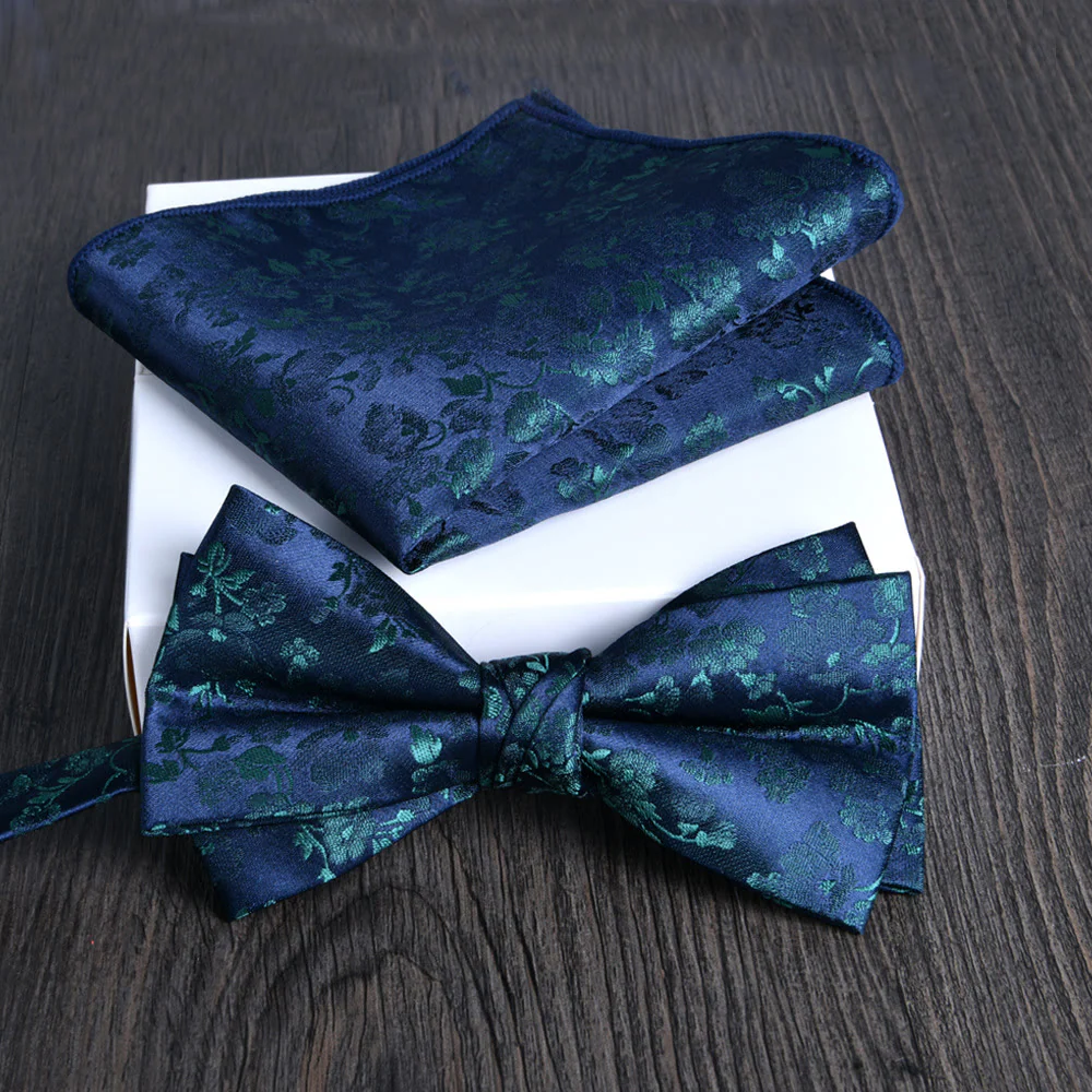 2pcs Men's Floral Pattern Lustrous Fabric Bowtie Pocket Square Set - Image 11