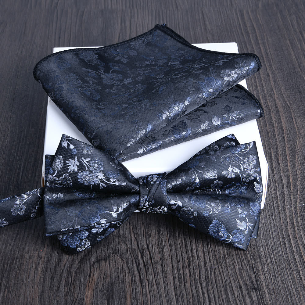 2pcs Men's Floral Pattern Lustrous Fabric Bowtie Pocket Square Set - Image 12