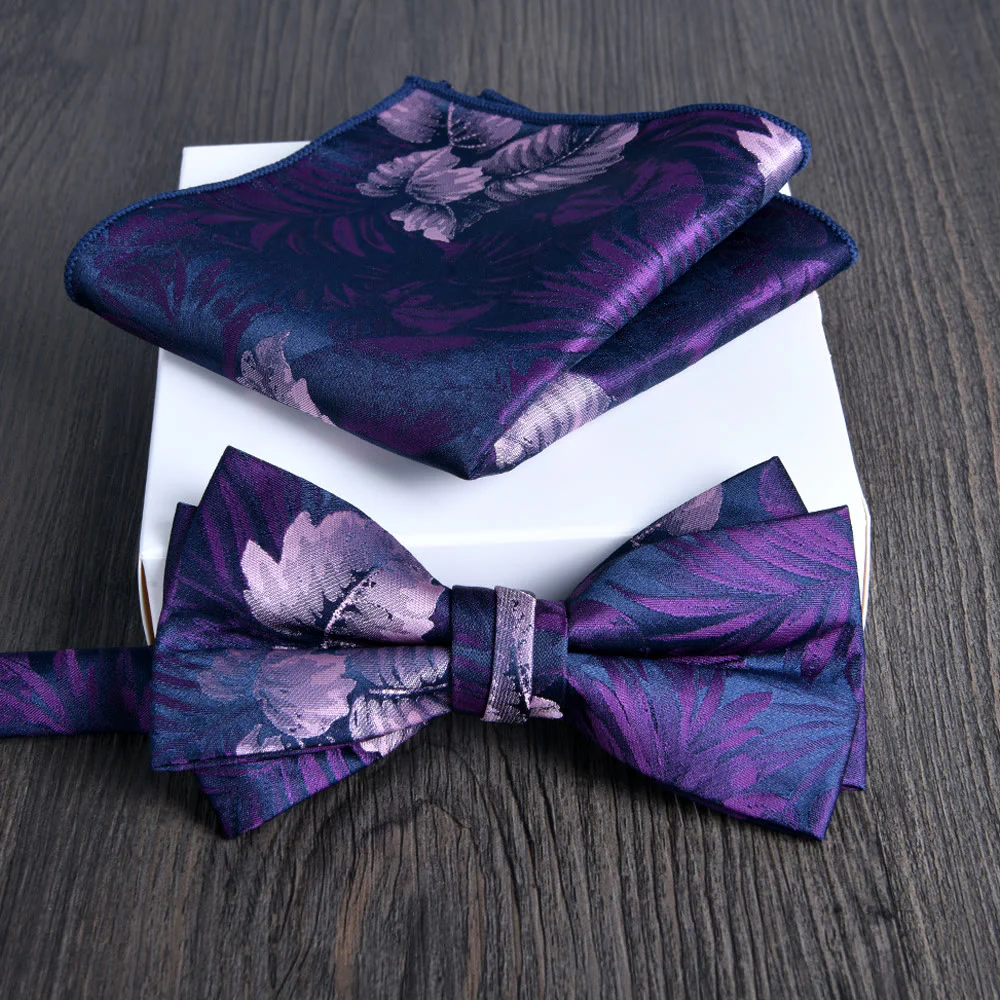 2pcs Men's Floral Pattern Lustrous Fabric Bowtie Pocket Square Set - Image 13