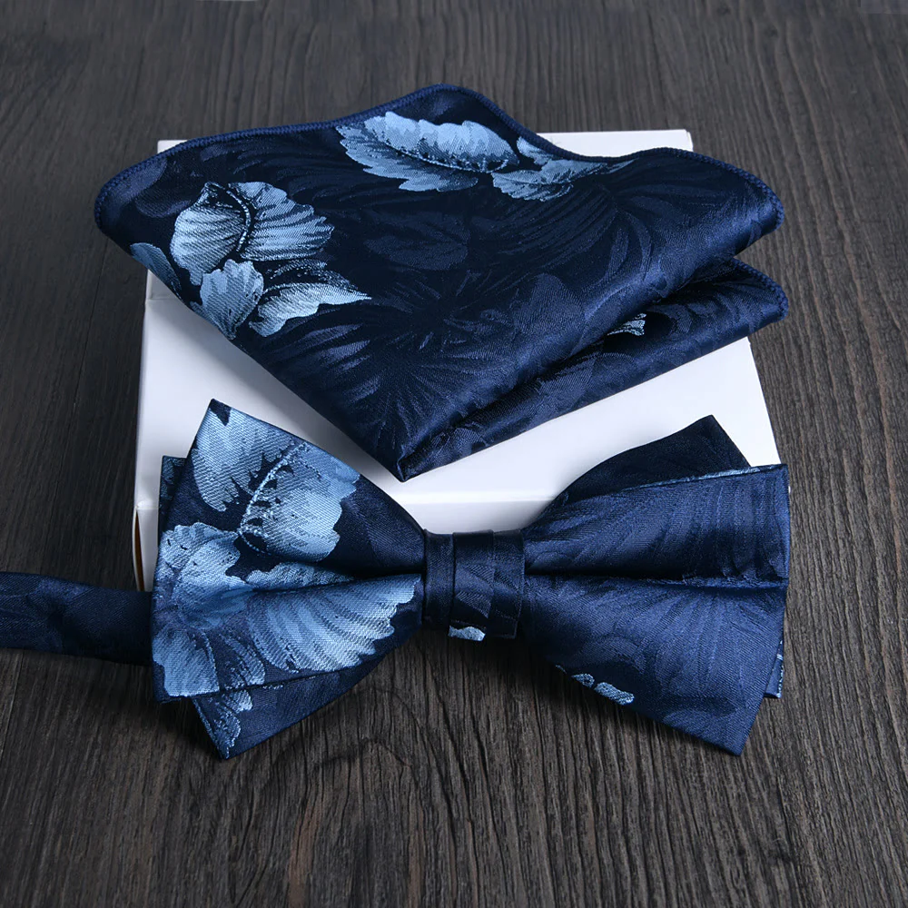 2pcs Men's Floral Pattern Lustrous Fabric Bowtie Pocket Square Set - Image 14