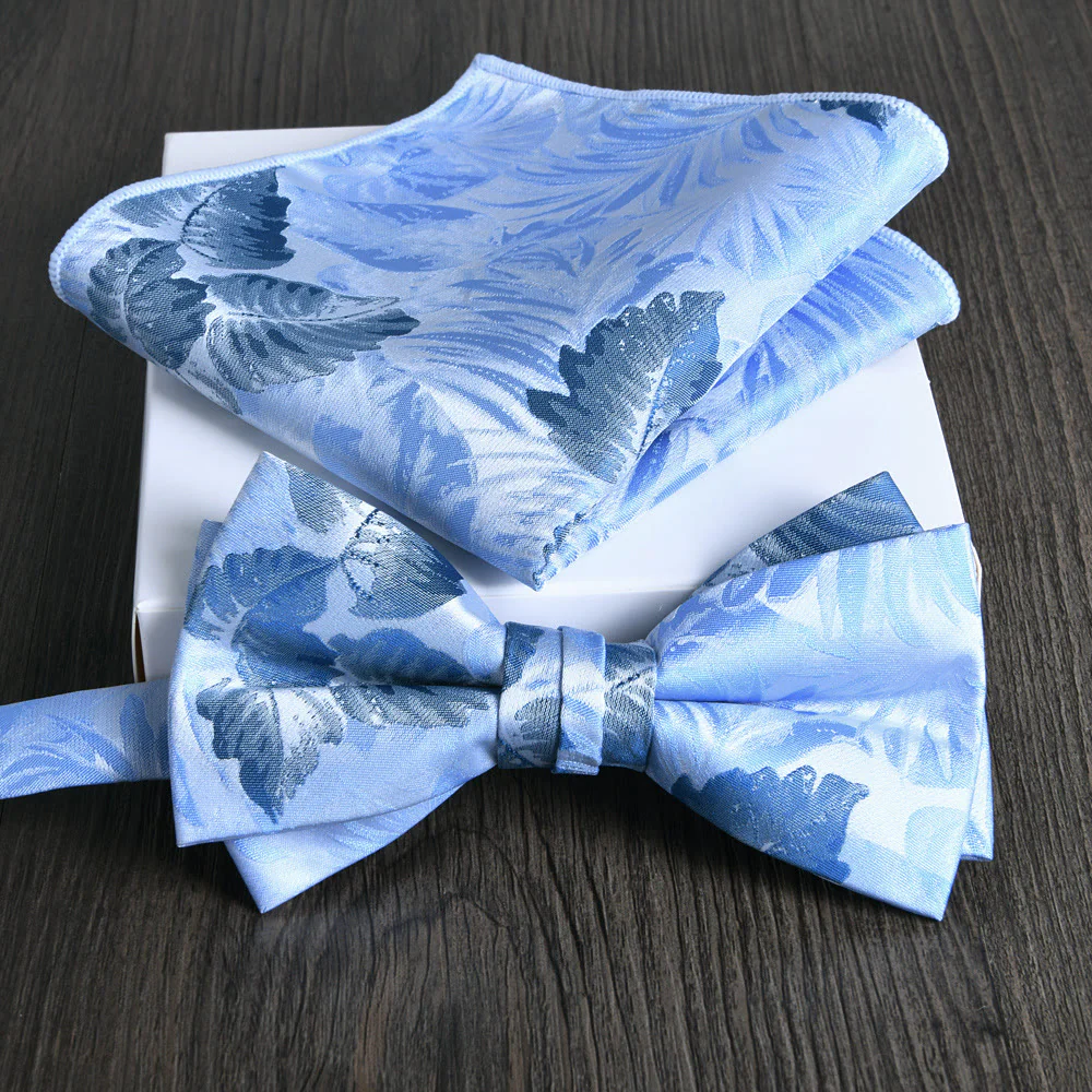 2pcs Men's Floral Pattern Lustrous Fabric Bowtie Pocket Square Set - Image 16