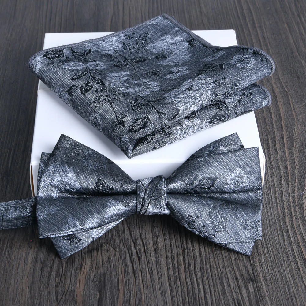 2pcs Men's Floral Pattern Lustrous Fabric Bowtie Pocket Square Set - Image 18