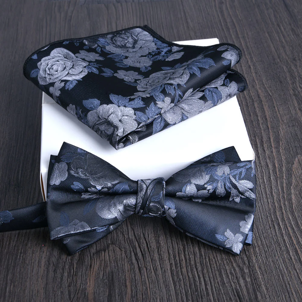 2pcs Men's Floral Pattern Lustrous Fabric Bowtie Pocket Square Set - Image 2