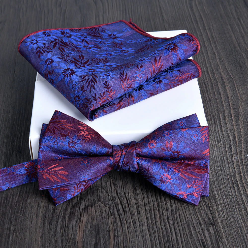 2pcs Men's Floral Pattern Lustrous Fabric Bowtie Pocket Square Set - Image 21