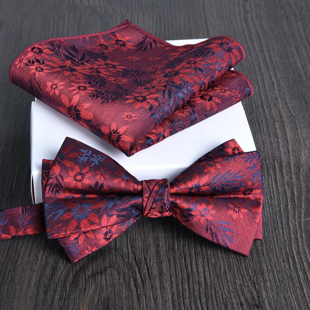 2pcs Men's Floral Pattern Lustrous Fabric Bowtie Pocket Square Set - Image 22