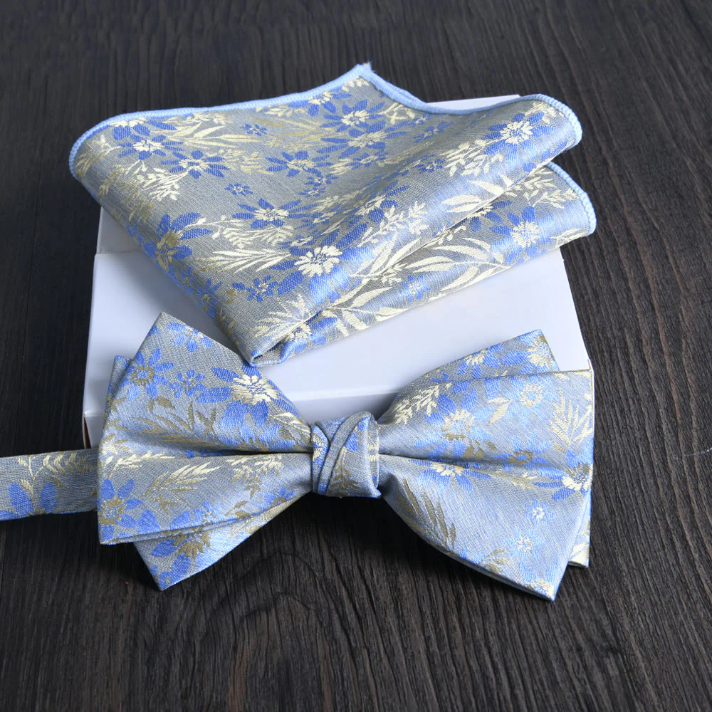 2pcs Men's Floral Pattern Lustrous Fabric Bowtie Pocket Square Set - Image 23