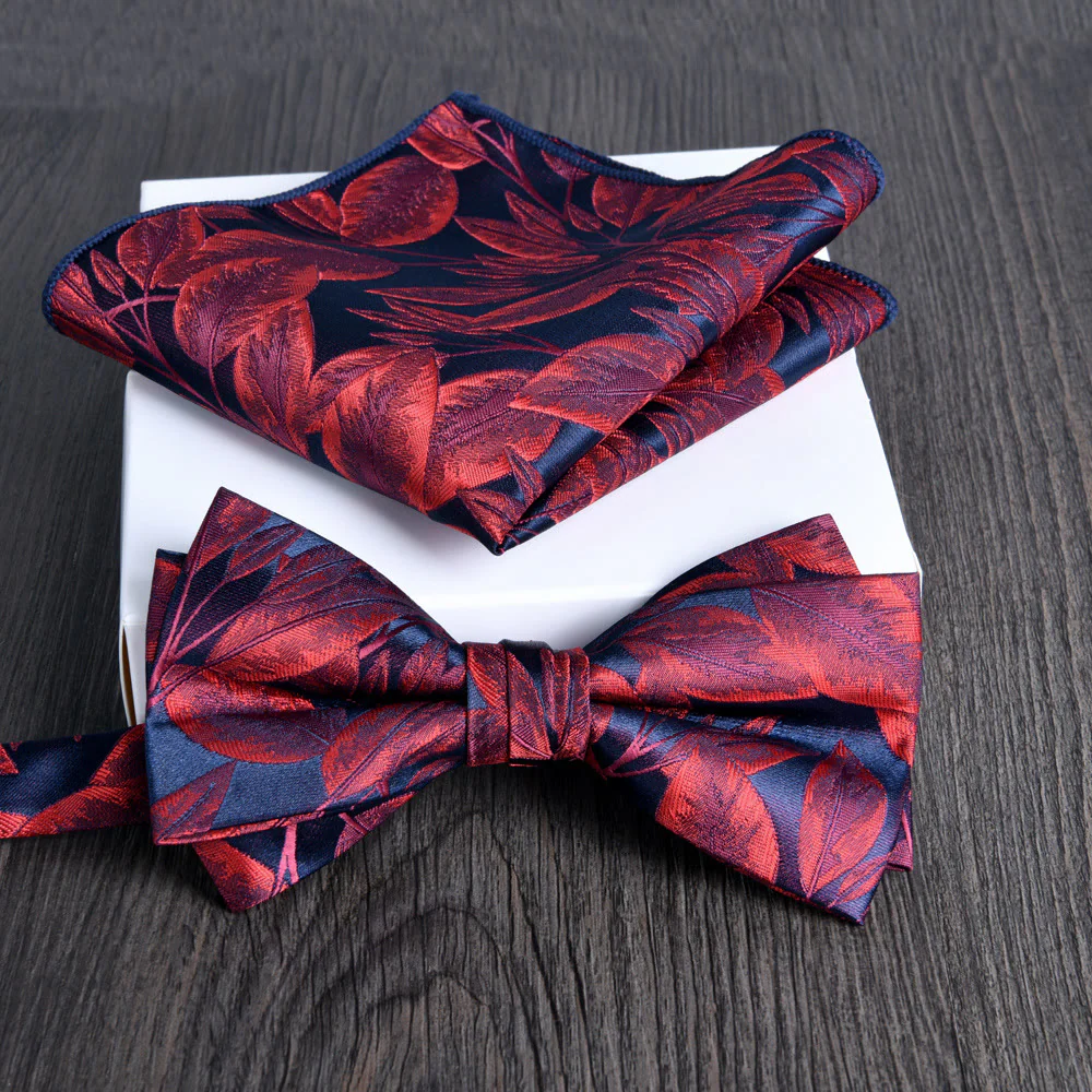 2pcs Men's Floral Pattern Lustrous Fabric Bowtie Pocket Square Set - Image 24