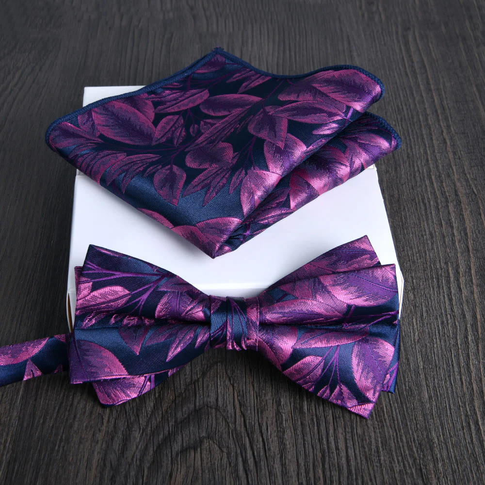2pcs Men's Floral Pattern Lustrous Fabric Bowtie Pocket Square Set - Image 27