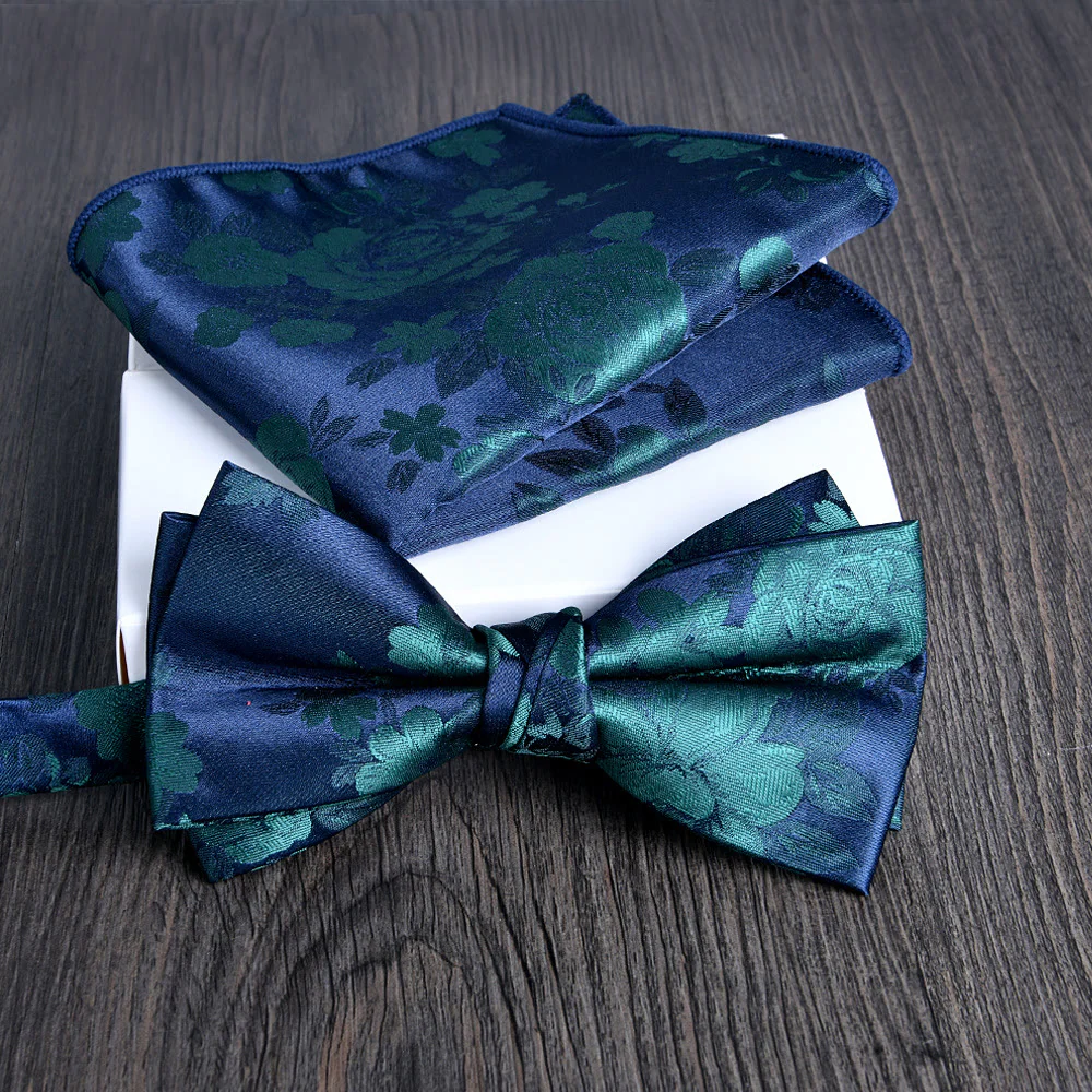 2pcs Men's Floral Pattern Lustrous Fabric Bowtie Pocket Square Set - Image 3