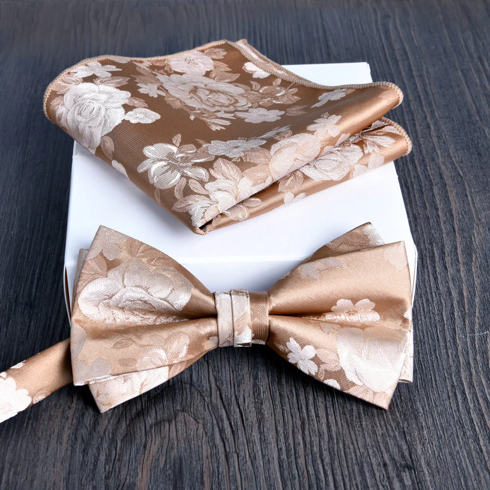 2pcs Men's Floral Pattern Lustrous Fabric Bowtie Pocket Square Set - Image 4