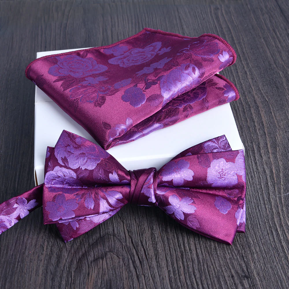2pcs Men's Floral Pattern Lustrous Fabric Bowtie Pocket Square Set - Image 5