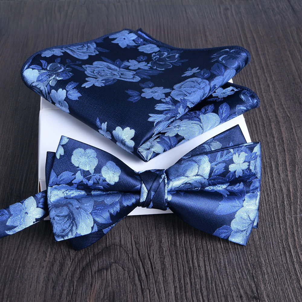 2pcs Men's Floral Pattern Lustrous Fabric Bowtie Pocket Square Set - Image 6