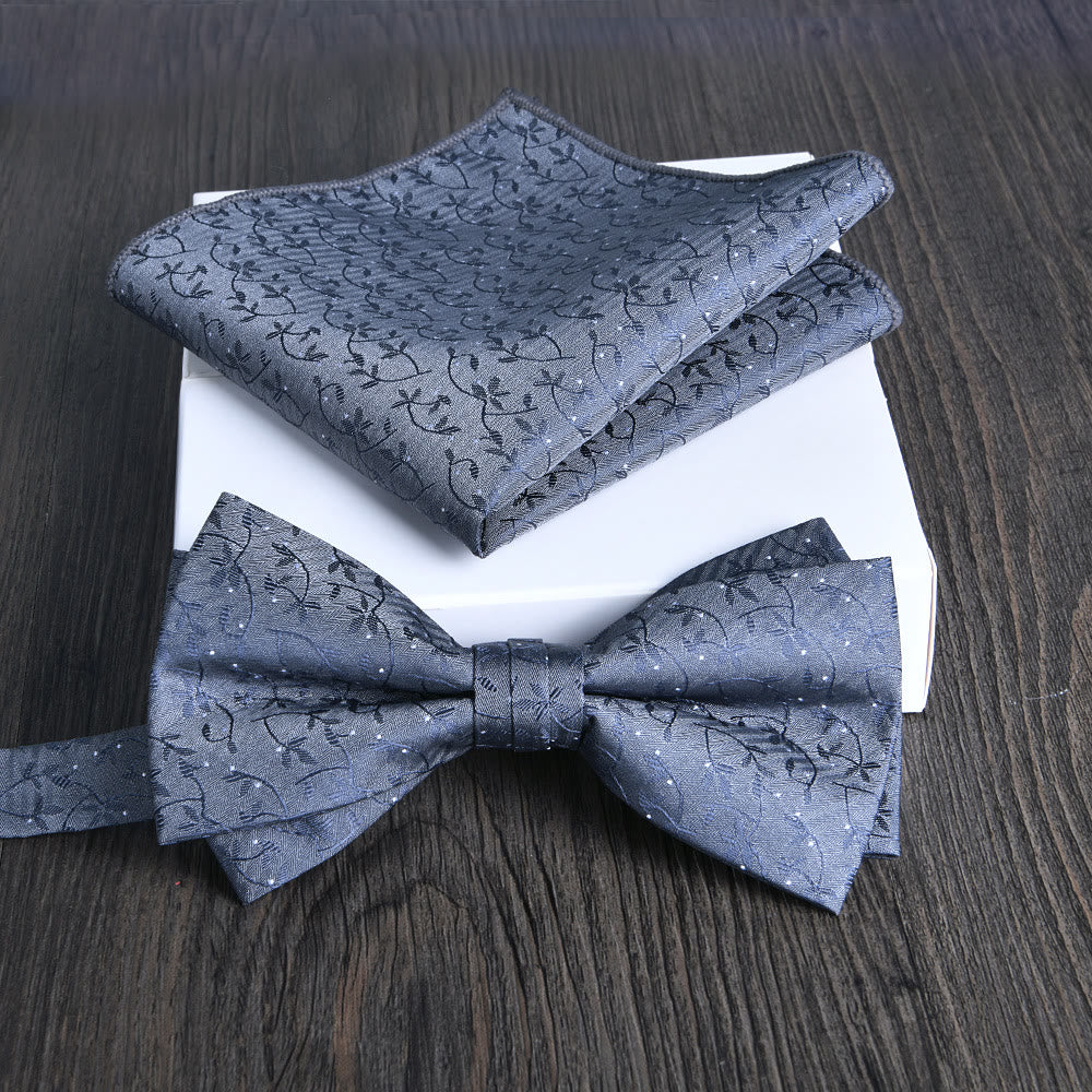2pcs Men's Floral Pattern Lustrous Fabric Bowtie Pocket Square Set - Image 8