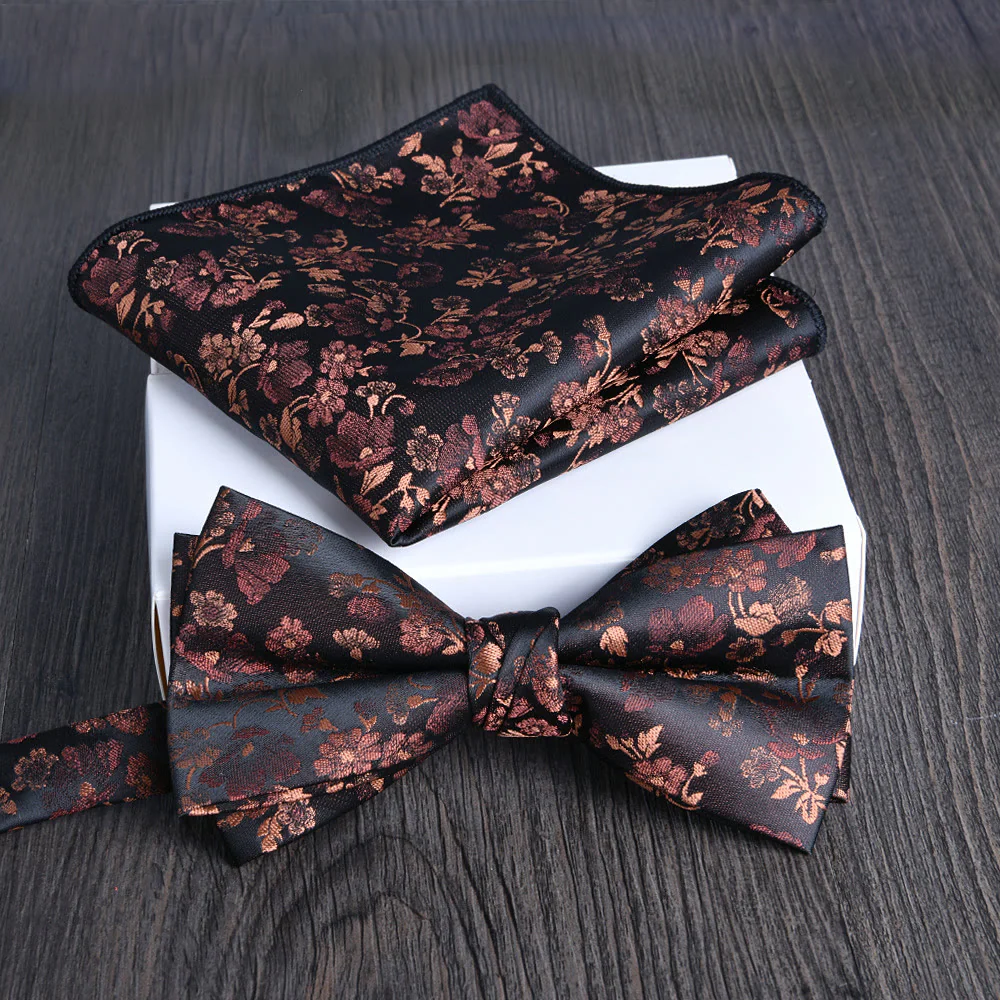 2pcs Men's Floral Pattern Lustrous Fabric Bowtie Pocket Square Set - Image 9