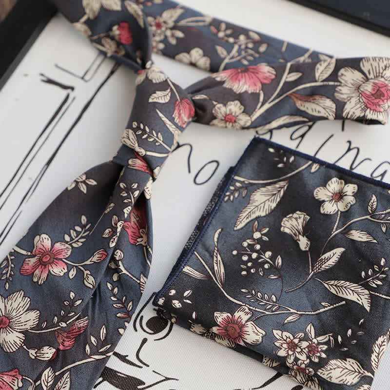 2Pcs Men's Floral Pattern Navy Personality Necktie Set - Image 2