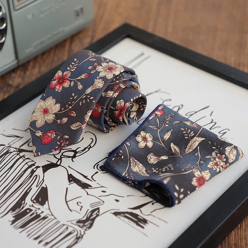 2Pcs Men's Floral Pattern Navy Personality Necktie Set - Image 3