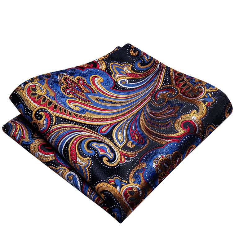 2Pcs Men's Gold & Blue Paisley Bow Tie Pocket Square Set - Image 4