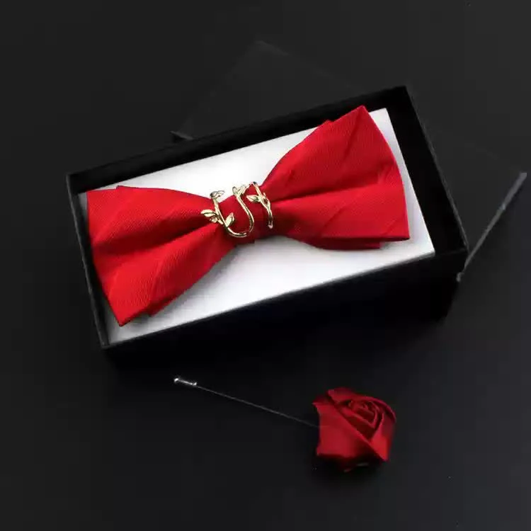2Pcs Men's Gold Vine Leaf Red Corsage Bow Tie Set - Image 3