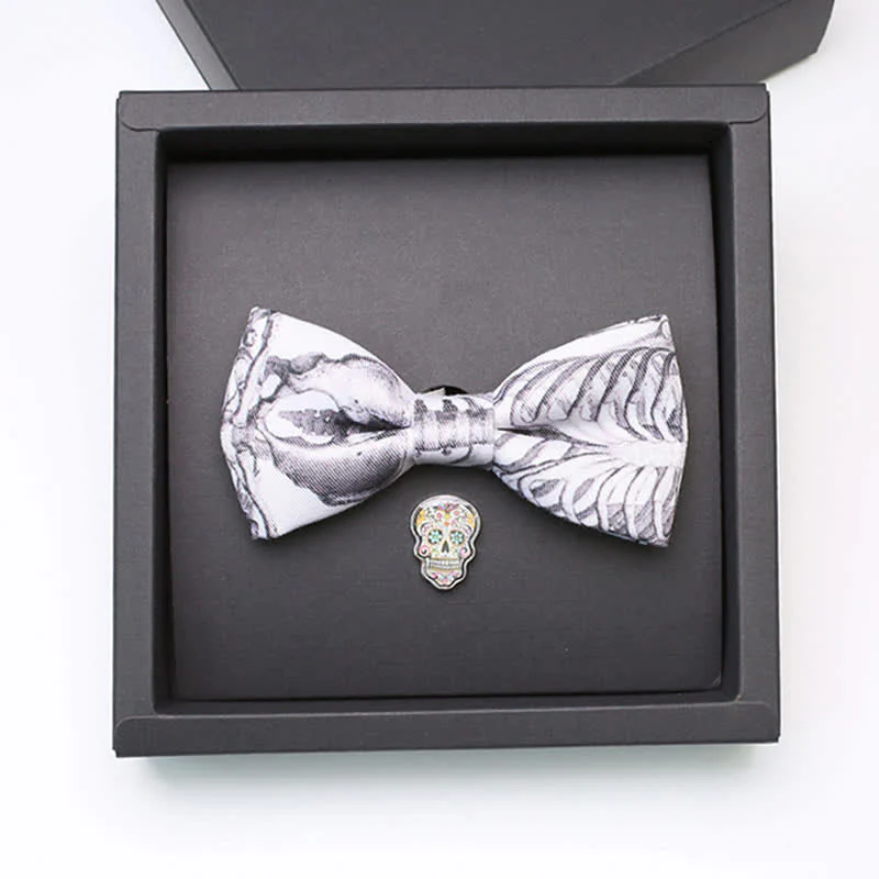2Pcs Men's Gray Skeleton Skull Head Brooch Bow Tie Set - Image 2