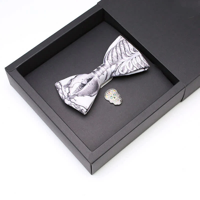 2Pcs Men's Gray Skeleton Skull Head Brooch Bow Tie Set - Image 3