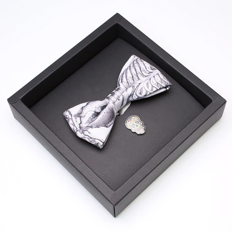 2Pcs Men's Gray Skeleton Skull Head Brooch Bow Tie Set - Image 4
