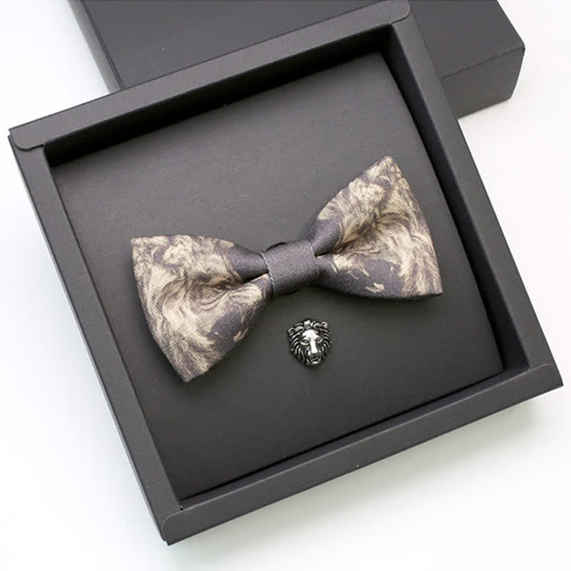 2Pcs Men's Lion Head Pattern Brooch Bow Tie Set
