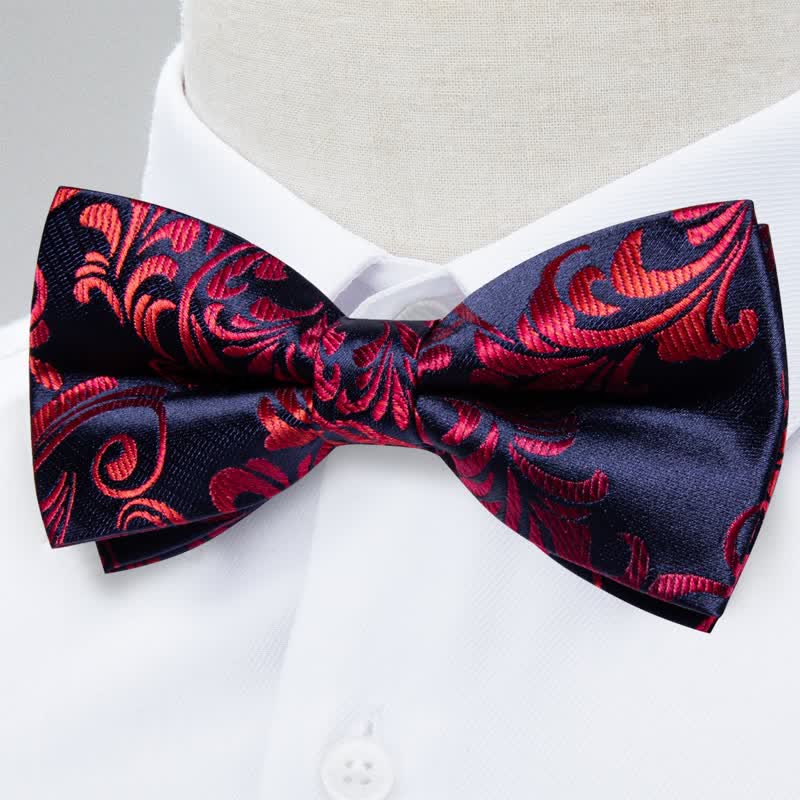 2Pcs Men's Red & Navy Floral Bow Tie Pocket Square Set - Image 2